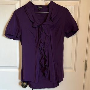 Express purple short sleeve blouse with buttons, gathered sleeves